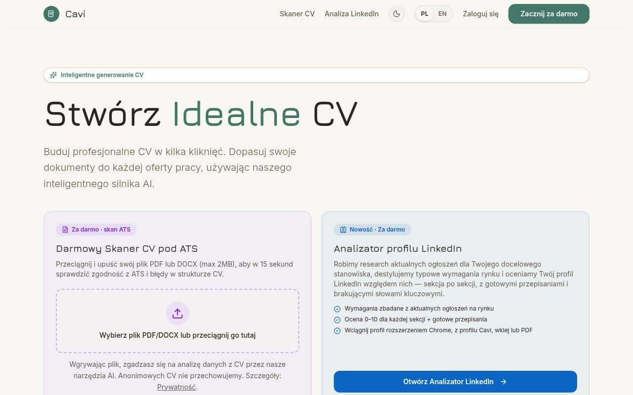 Strona startowa Cavi: kreator CV, skaner CV pod ATS i analizator profilu LinkedIn.